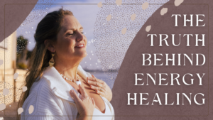 Mellissa Seaman standing peacefully by the water with her eyes closed and hands resting on her chest beneath the title “What Energy Healing Really Feels Like.” The image features soft mauve tones and a calm, reflective atmosphere promoting the Channel Your Genius podcast.