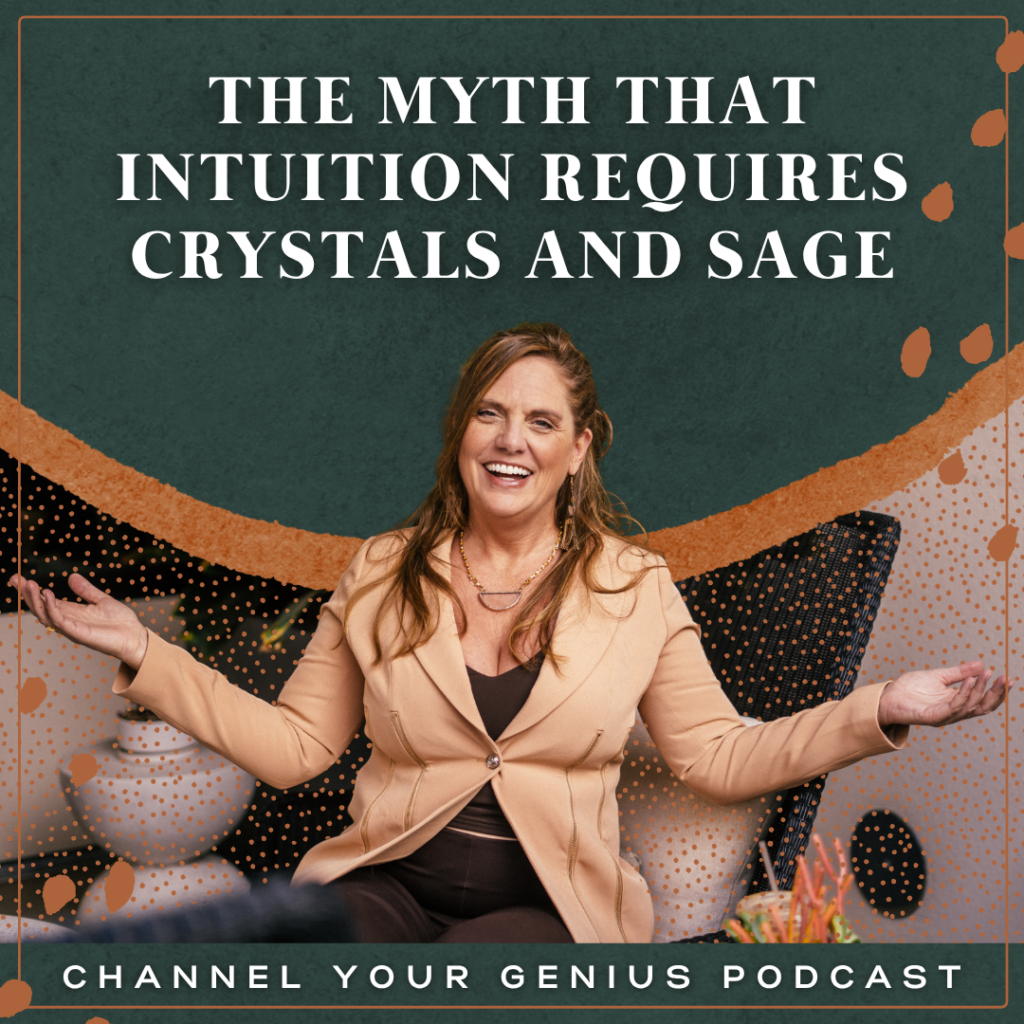 Mellissa Seaman speaking with open arms beside the words "Your Gut Feeling Is a Competitive Advantage," representing intuitive leadership and using intuition alongside logic in business and decision-making.