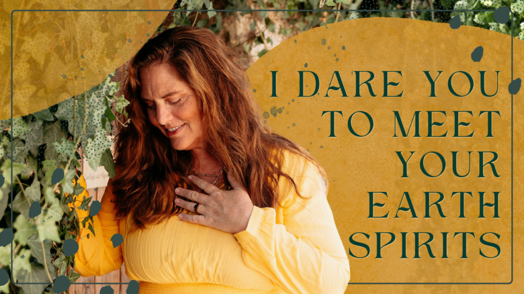 Mellissa Seaman in a yellow dress surrounded by ivy beside text reading “I dare to meet your earth spirits"